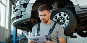 Technical Service Bulletin being read by a mechanic.